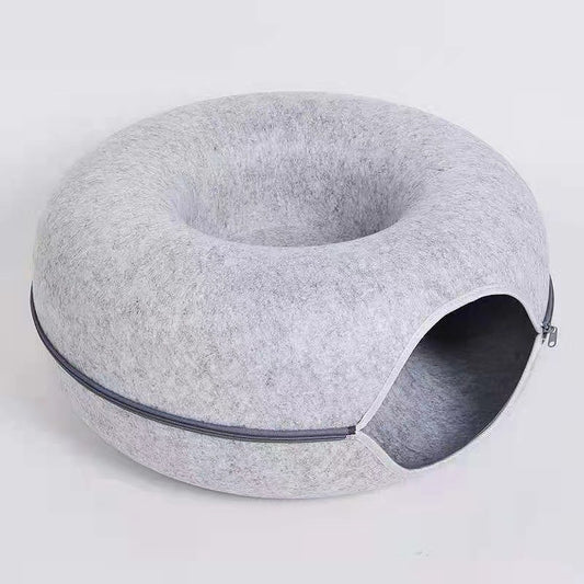 Felt Donut Cat Bed with Zipper Tunnel Toy | Light Grey
