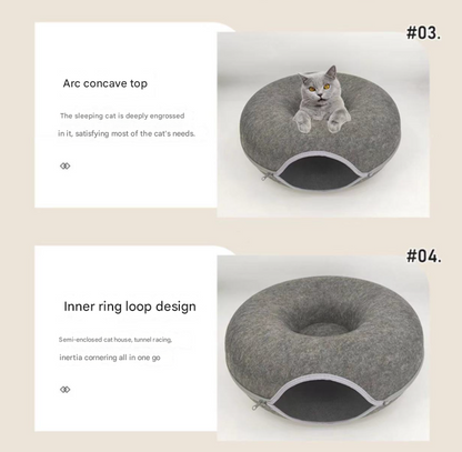Felt Donut Cat Bed with Zipper Tunnel Toy | Light Grey