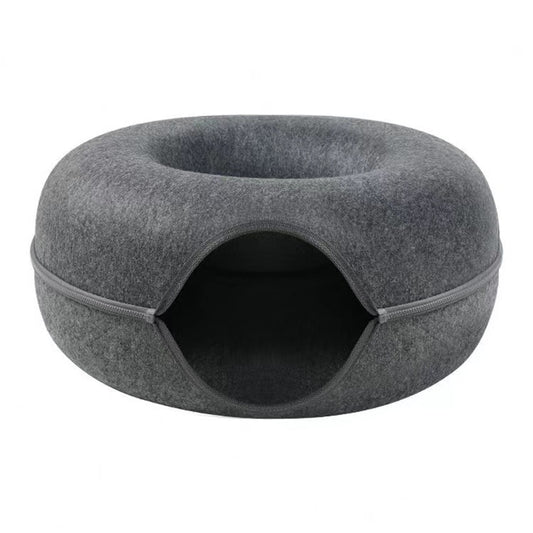 Felt Donut Cat Bed with Zipper Tunnel Toy | Dark Grey