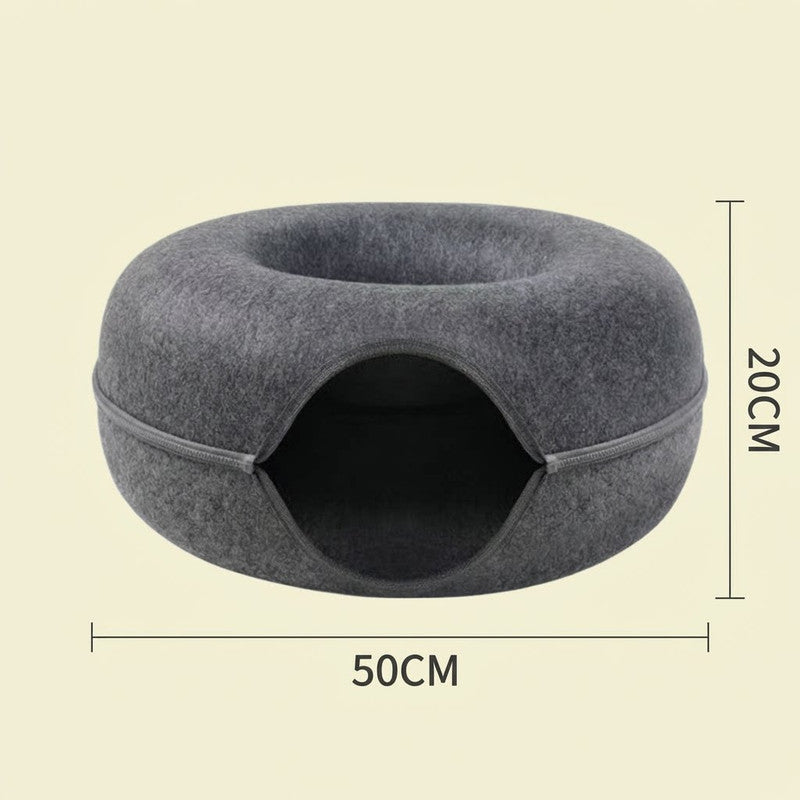 Felt Donut Cat Bed with Zipper Tunnel Toy | Dark Grey