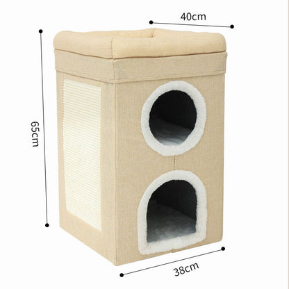 3-Story Villa Cat House with Scratching Posts | Beige