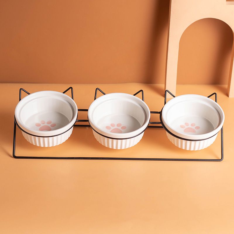 Triple Slanted Ceramic Pet Bowl Set | Cat Paw