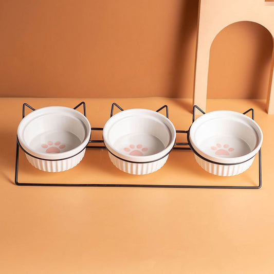 Triple Slanted Ceramic Pet Bowl Set | Cat Paw