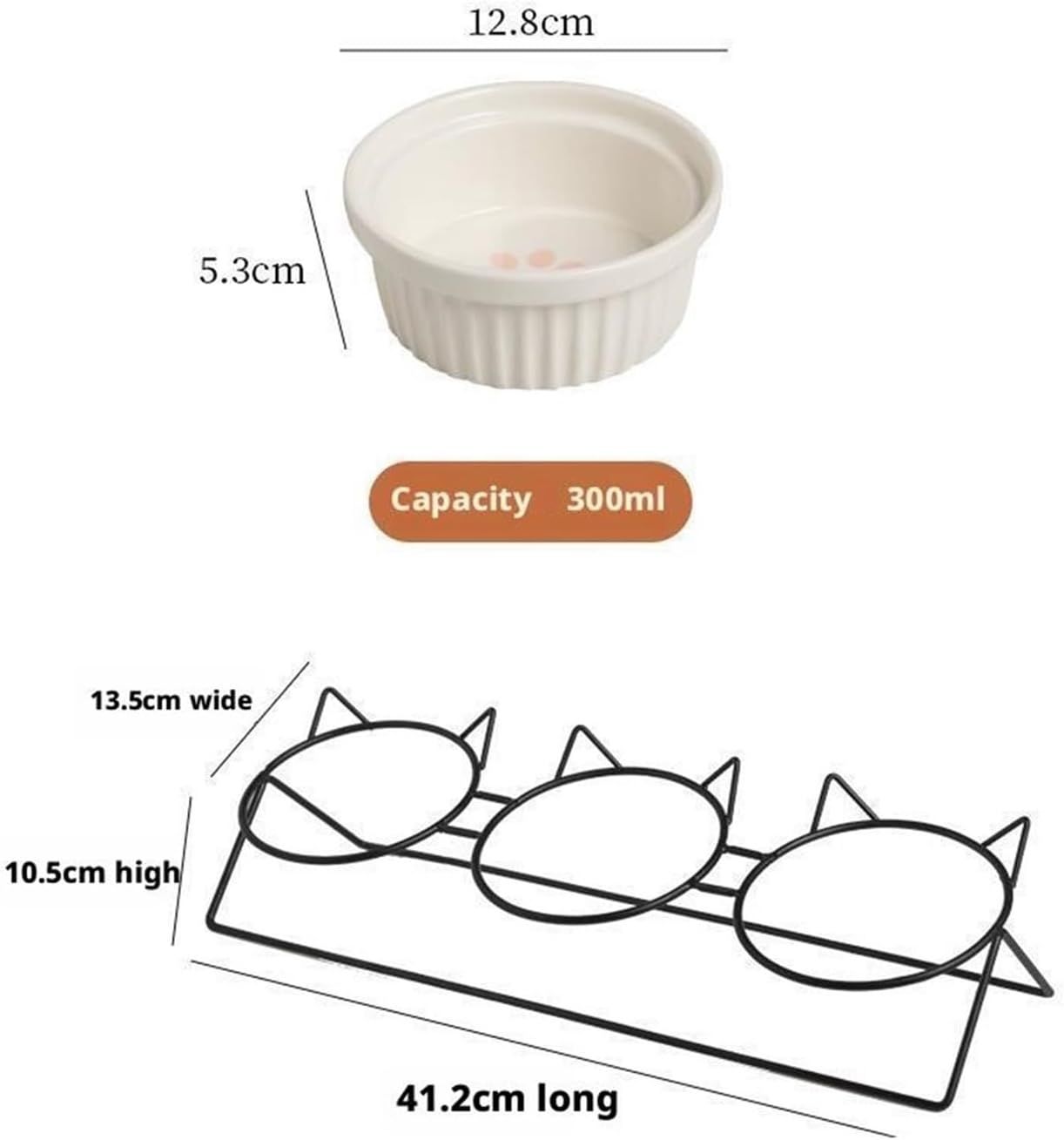 Triple Slanted Ceramic Pet Bowl Set | Cat Paw