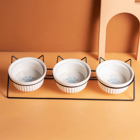 Triple Slanted Ceramic Pet Bowl Set | Blue Cat Paw