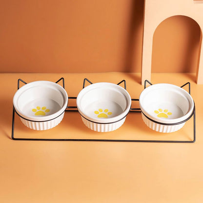 Triple Slanted Ceramic Pet Bowl Set | Yellow Cat Paw