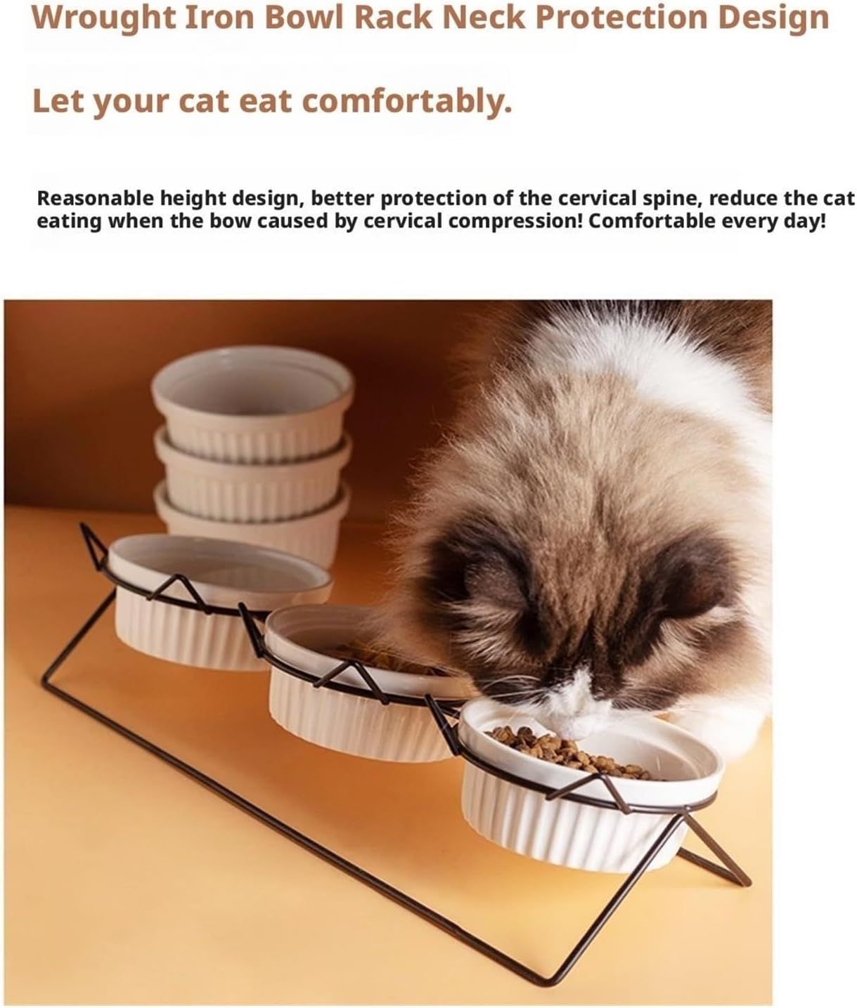Triple Slanted Ceramic Pet Bowl Set | Black Cat Paw