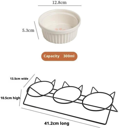 Triple Slanted Ceramic Pet Bowl Set | Black Cat Paw