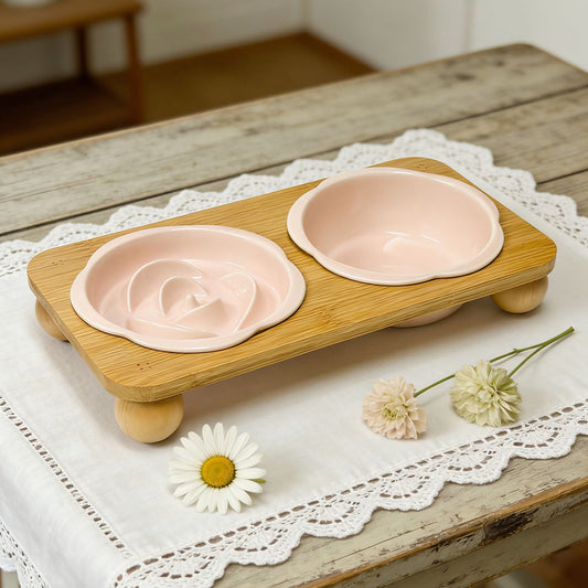 Ceramic Floral Cat Slow Feeder and Water Bowl Set | Elevated Stand