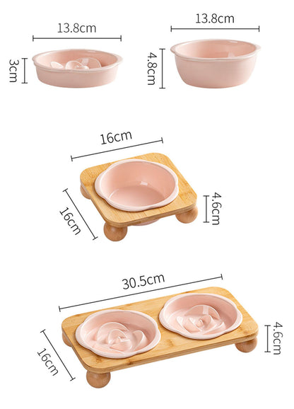 Ceramic Floral Cat Slow Feeder and Water Bowl Set | Elevated Stand
