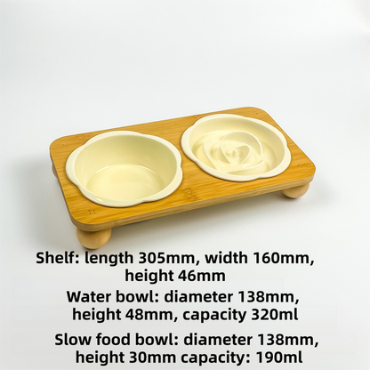 Ceramic Floral Cat Slow Feeder and Water Bowl Set | Elevated Stand