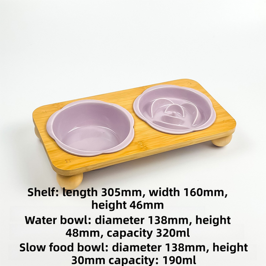 Ceramic Floral Cat Slow Feeder and Water Bowl Set | Purple