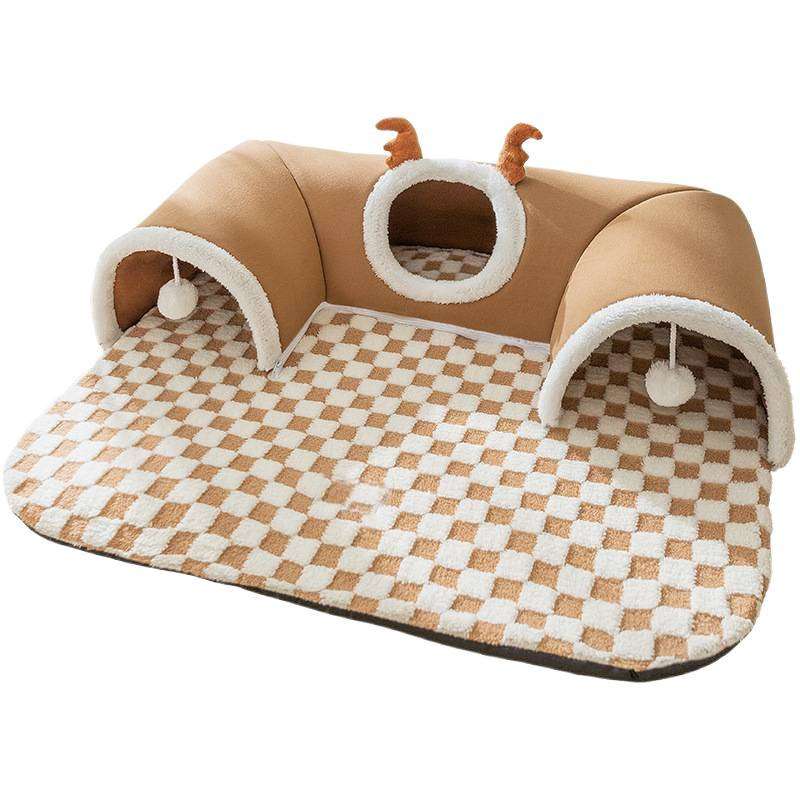 Cat Tunnel Bed House | 4-Season U-Shaped Cave | Brown | Large