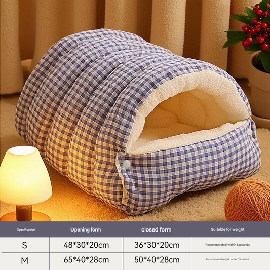 Cat Cave Bed | Enclosed Warm Nest | Blue Plaid | Medium