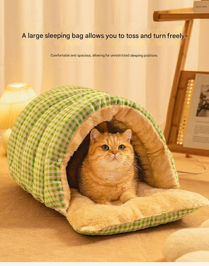Cat Cave Bed | Enclosed Warm Nest | Blue Plaid | Medium