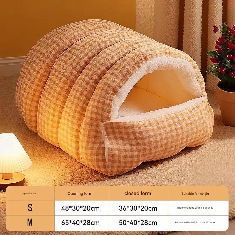 Cat Cave Bed | Enclosed Warm Nest | Orange Plaid | Medium