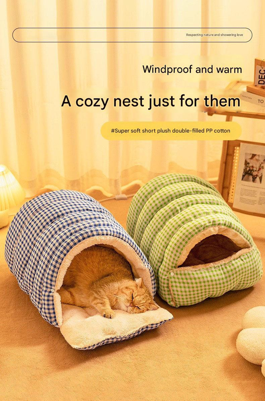 Cat Cave Bed | Enclosed Warm Nest | Orange Plaid | Medium
