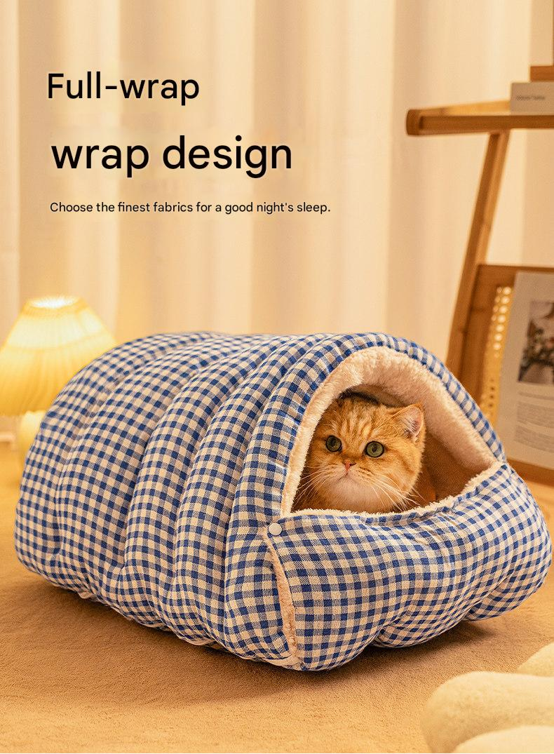Cat Cave Bed | Enclosed Warm Nest | Yellow Plaid | Medium