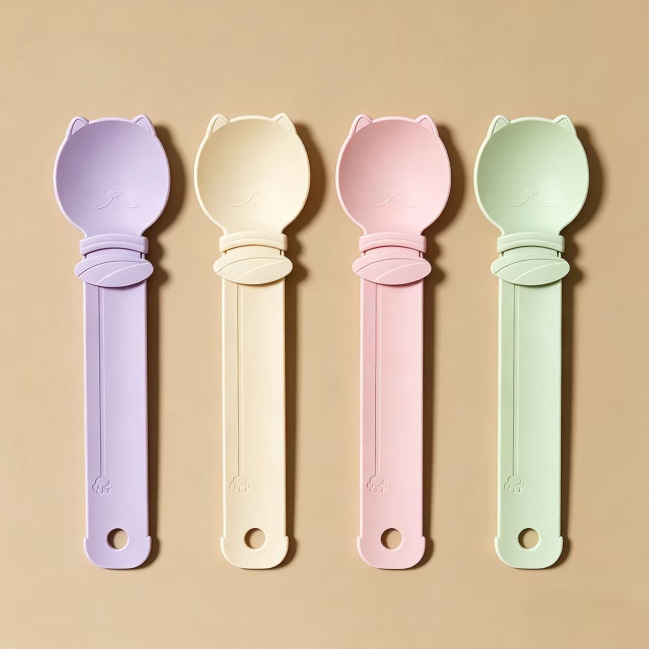 Cat Treat Spoon 4-Pack | Beige Pink Green Purple | Extra-Long Handle