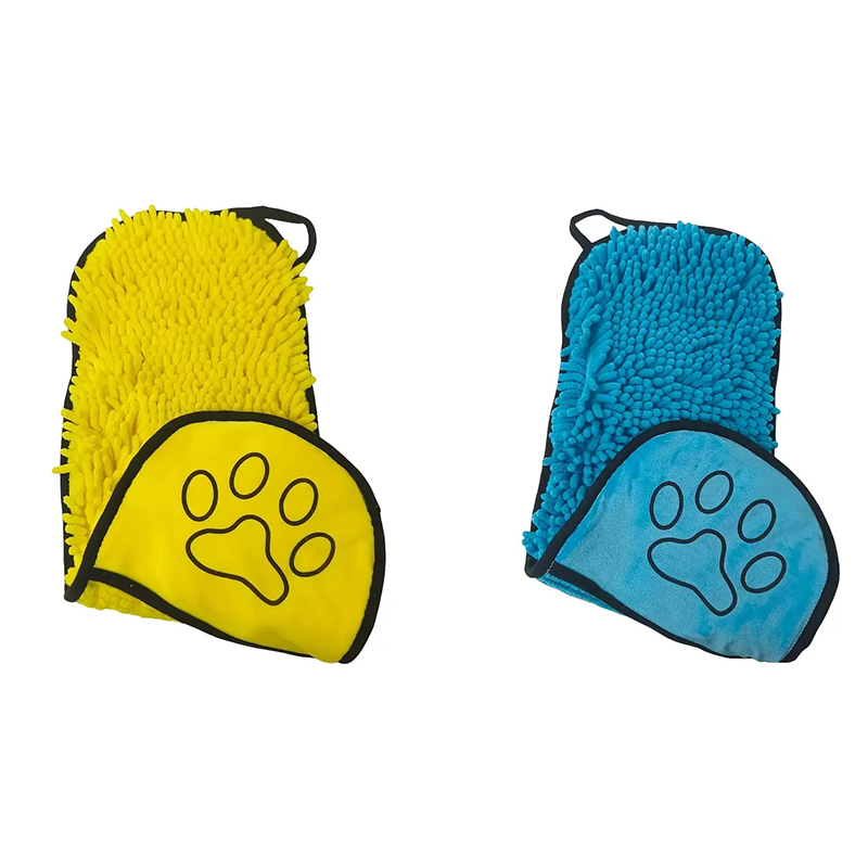 Yellow & Blue Chenille Pet Drying Towel with Hand Pockets | Dog & Cat