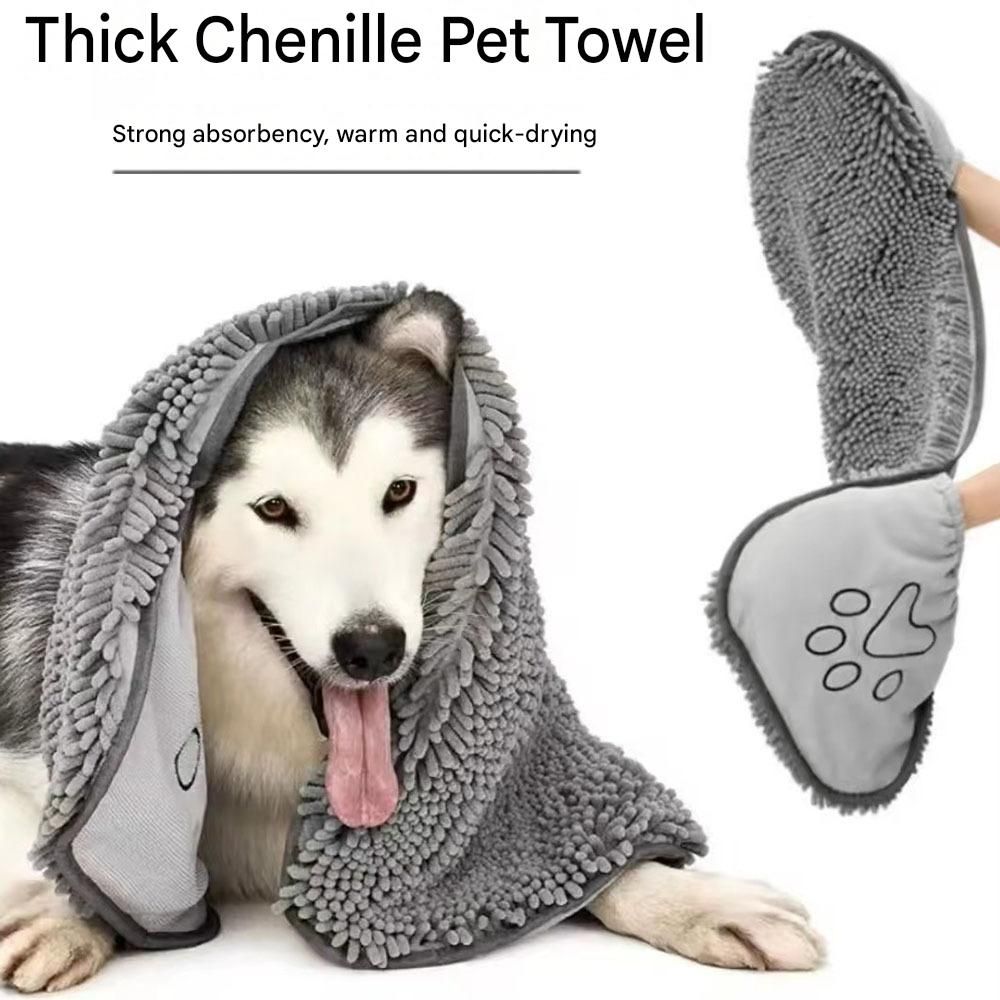 Yellow & Blue Chenille Pet Drying Towel with Hand Pockets | Dog & Cat