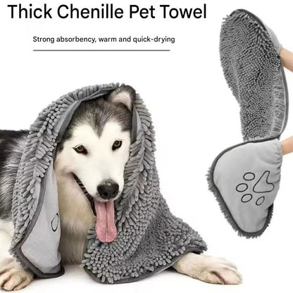 Yellow & Blue Chenille Pet Drying Towel with Hand Pockets | Dog & Cat