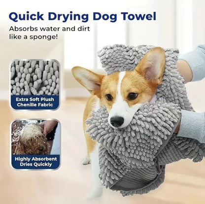 Yellow & Blue Chenille Pet Drying Towel with Hand Pockets | Dog & Cat