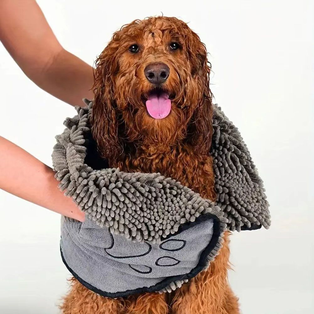 Yellow & Blue Chenille Pet Drying Towel with Hand Pockets | Dog & Cat