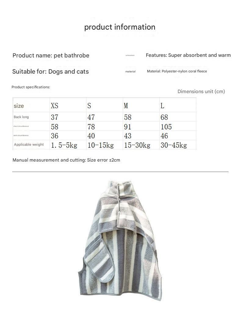 Grey & White Pet Quick-Dry Bathrobe | Coral Fleece | Dogs & Cats