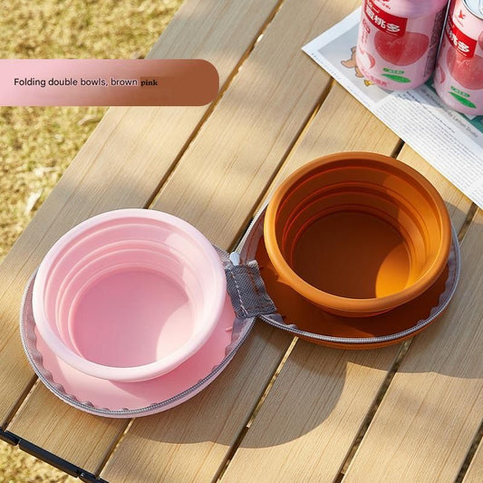 Brown and Pink Portable Collapsible Silicone Pet Bowl