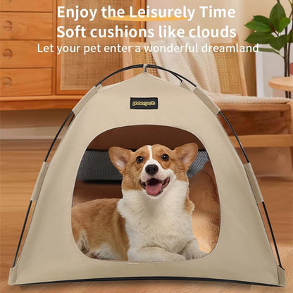 Khaki All-Weather Portable Pet Tent with Dual-Sided Cushion | Camping