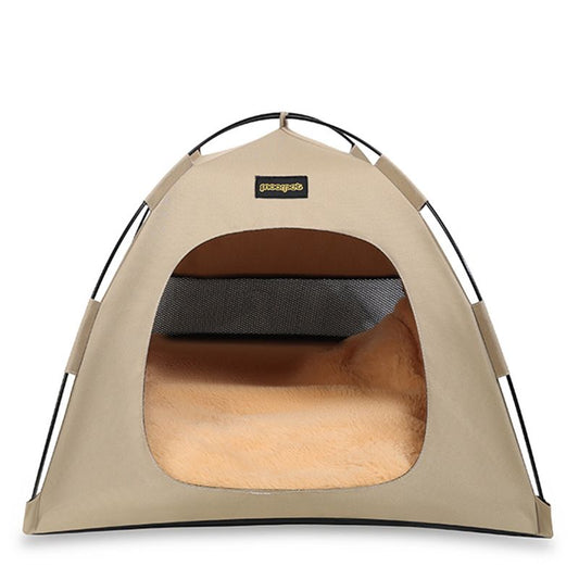 Khaki All-Weather Portable Pet Tent with Dual-Sided Cushion