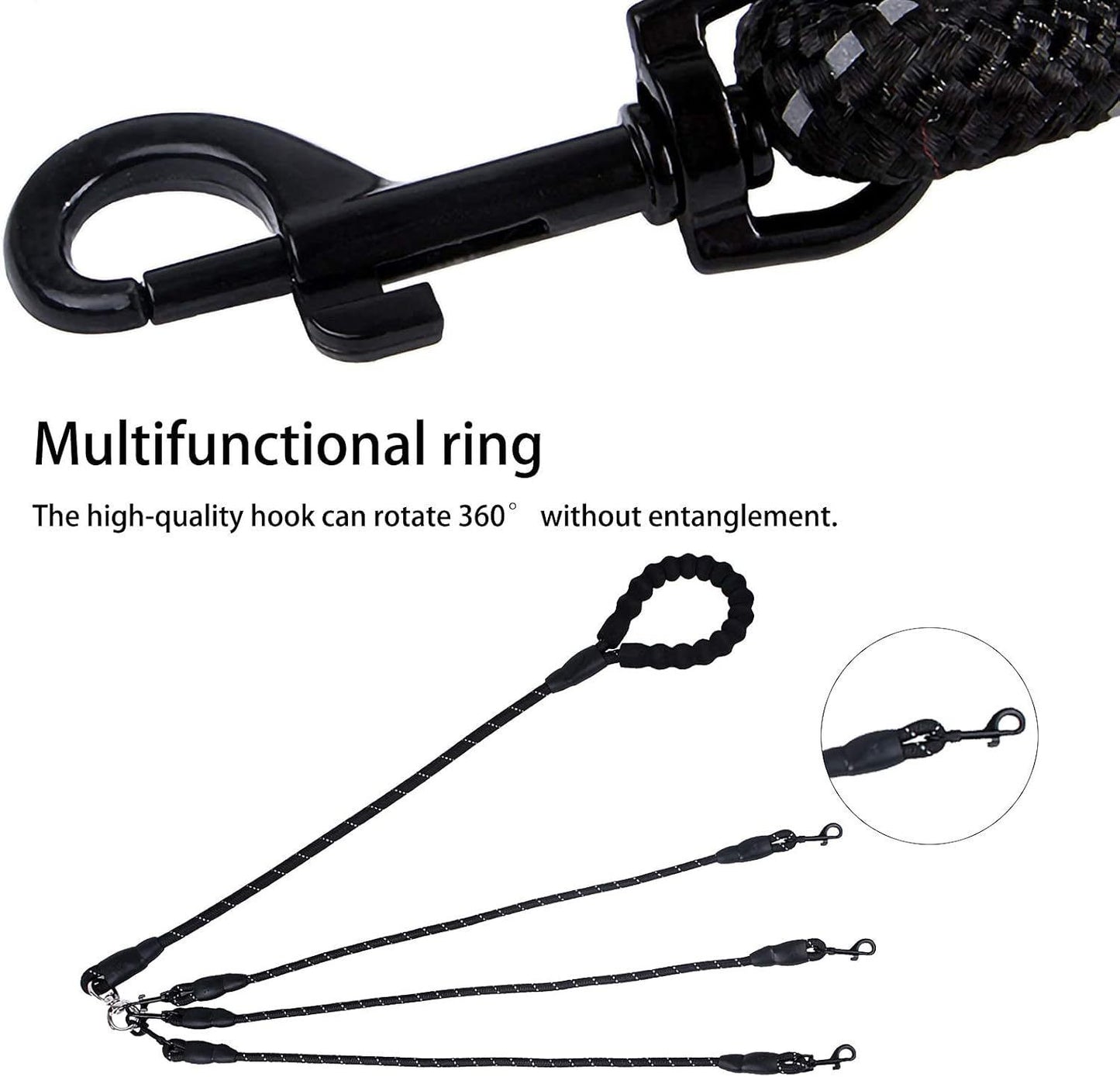 Black 3-in-1 No-Tangle Dog Leash for 1-3 Small Large Dogs
