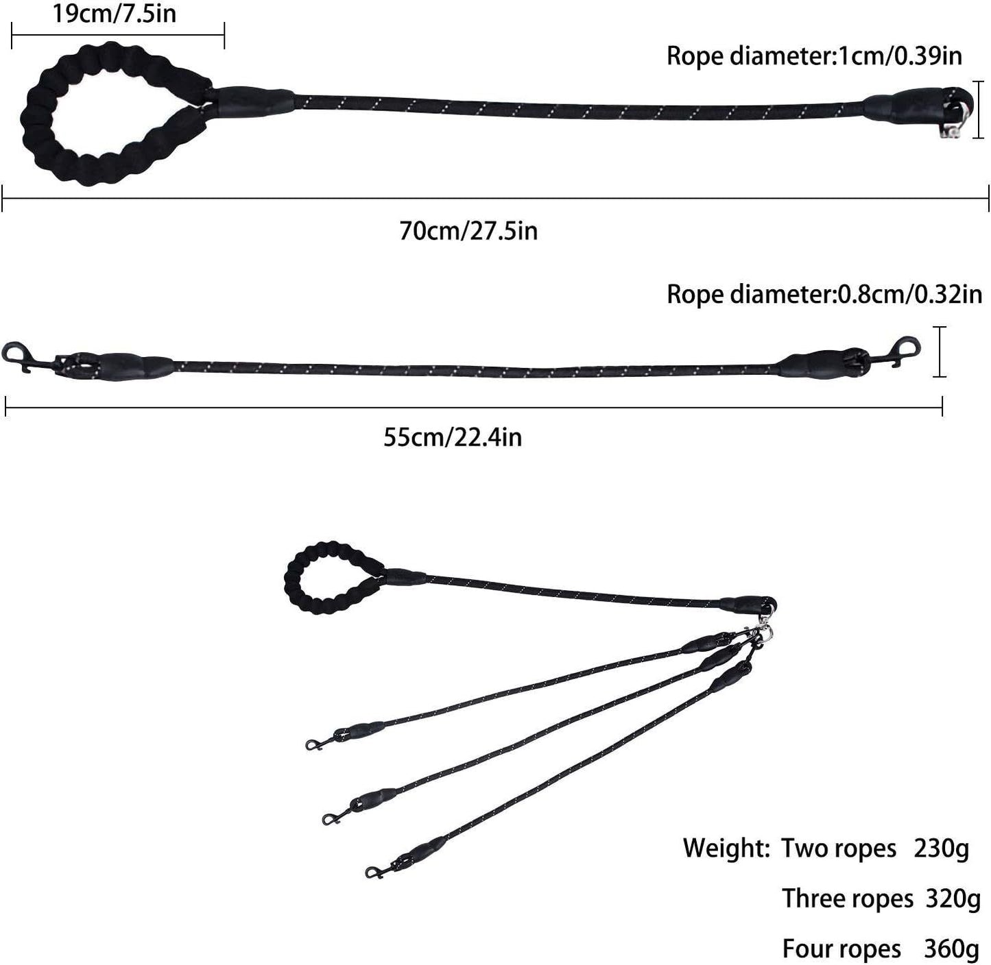 Red 3-in-1 No-Tangle Dog Leash for 1-3 Small Large Dogs