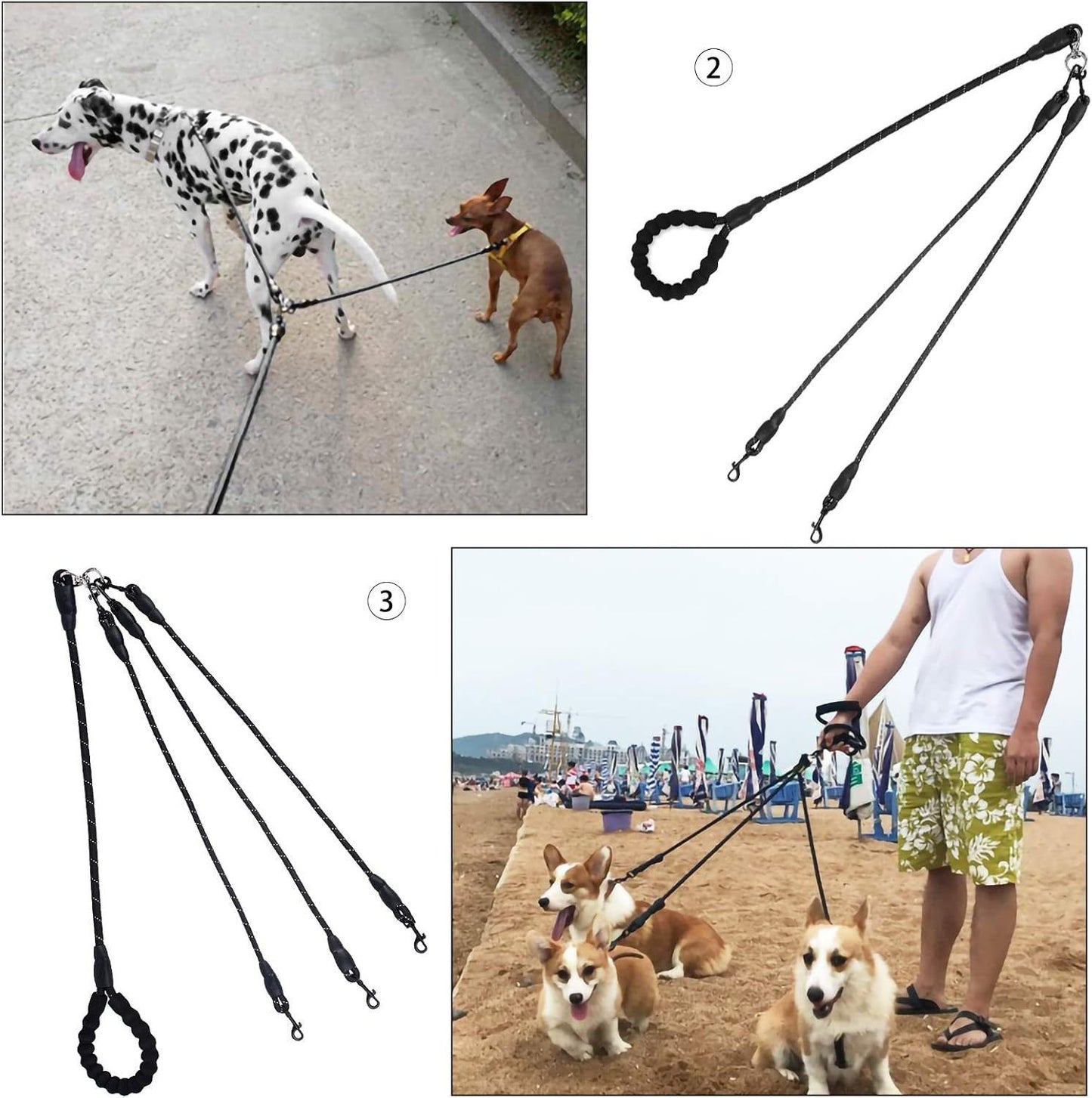 Red 3-in-1 No-Tangle Dog Leash for 1-3 Small Large Dogs