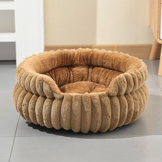 Coffee Plush Round Pet Bed | Gap Entry & Removable Cushion | M 50x50cm