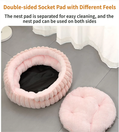 Pink Plush Round Pet Bed | Gap Entry & Removable Cushion | M 50x50cm