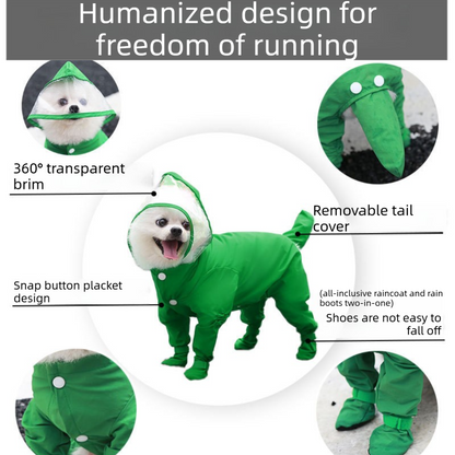 Green M size Full Coverage Pet Raincoat Jumpsuit Waterproof Dog Rain