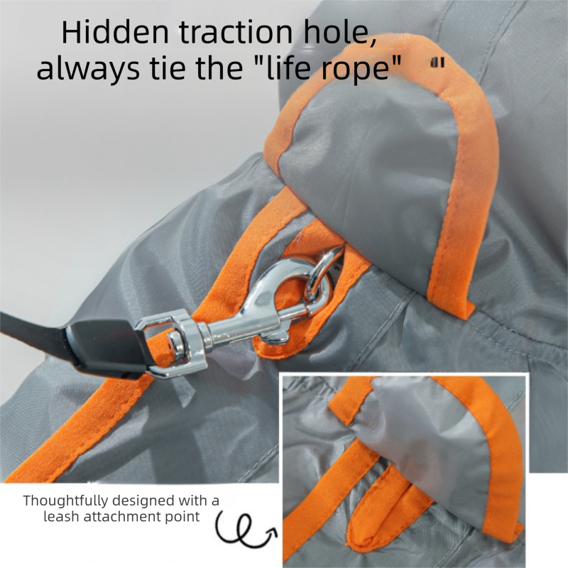 Grey and Orange XS size Dog Raincoat with Leash Access and Transparent