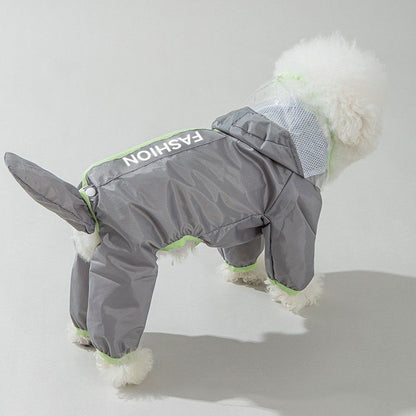 Grey and Green XS size Dog Raincoat with Leash Access and Transparent
