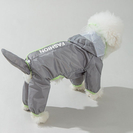 Grey and Green XS size Dog Raincoat with Leash Access and Transparent