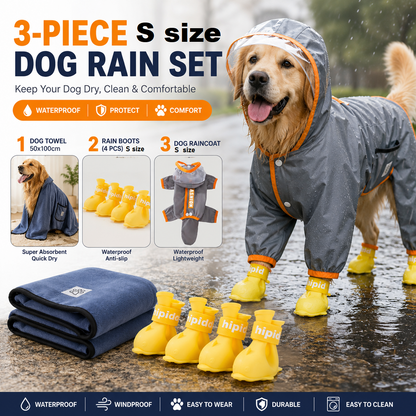 3 Piece Dog Rain Gear Set -S size Pet Rainy Day Kit with Grey