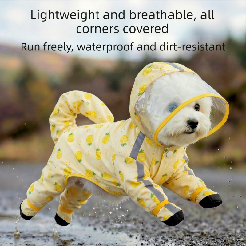 Yellow M size Pineapple Print Full-Cover Dog Raincoat with Transparent