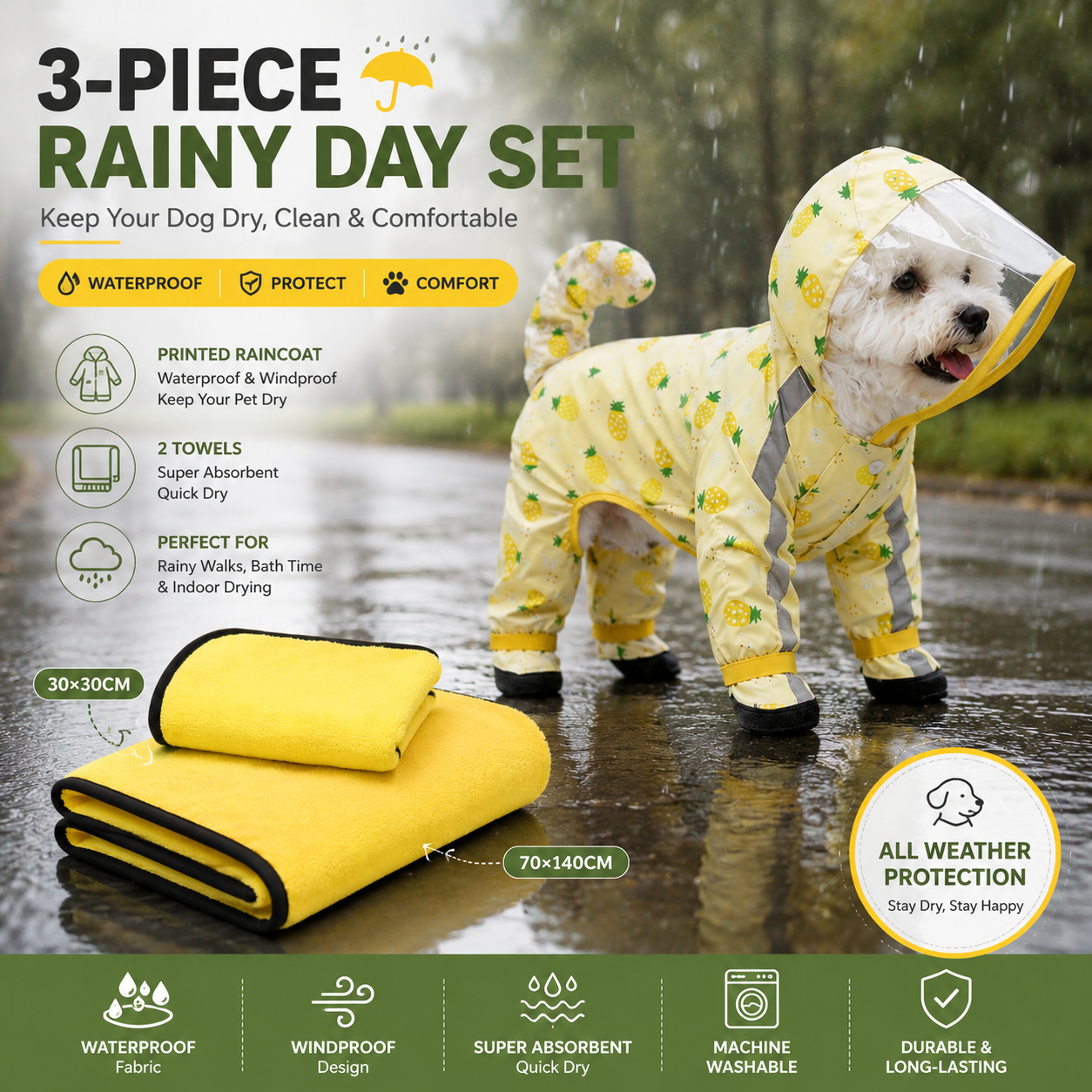 3-piece Dog Rainy Day Care Set with Yellow M size Waterproof Raincoat