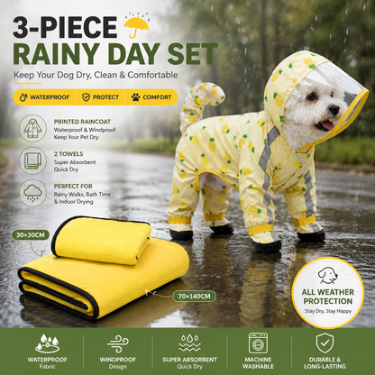 3-piece Dog Rainy Day Care Set with Yellow XL size Waterproof Raincoat