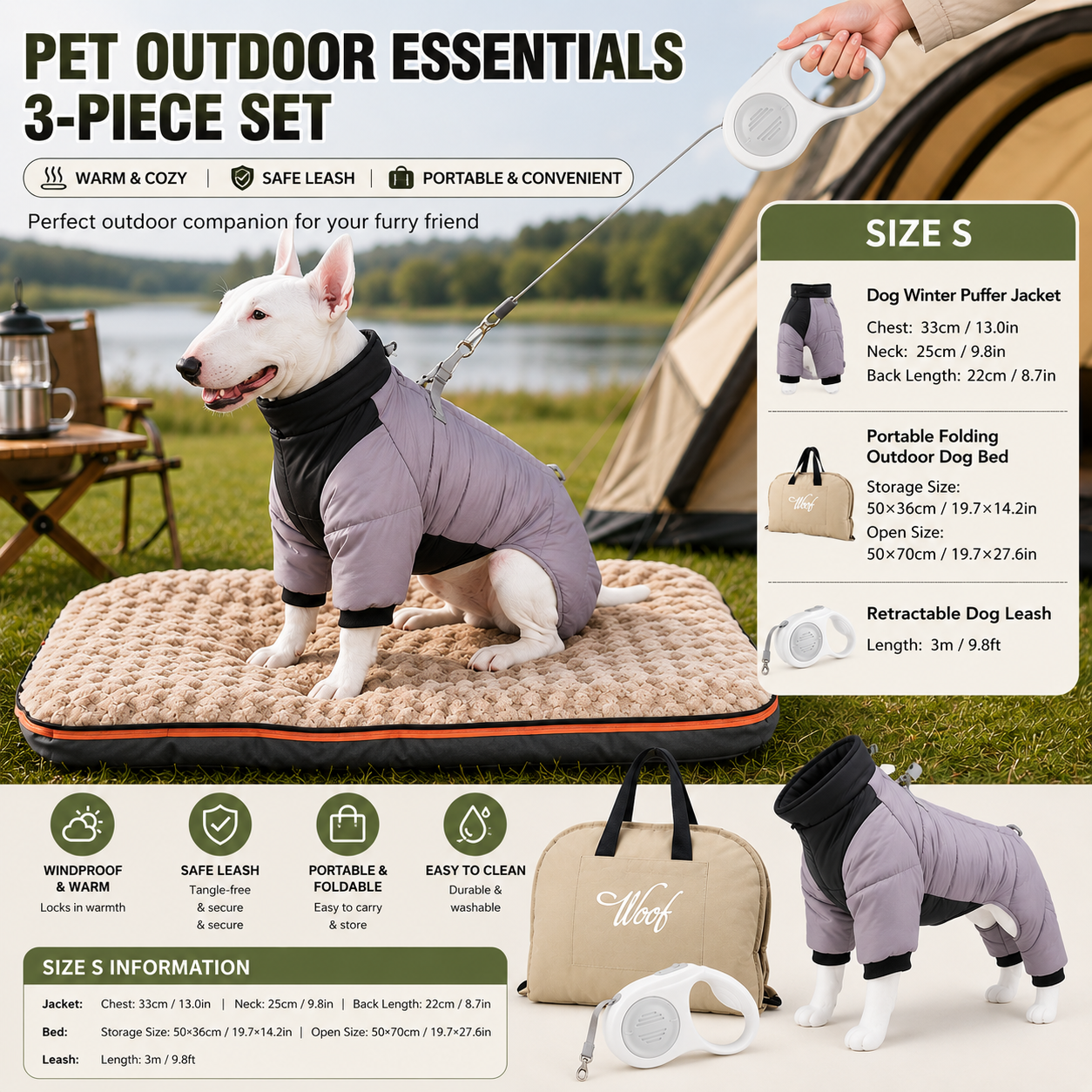 3-Piece Grey Winter Pet Outdoor Travel Set | Bed