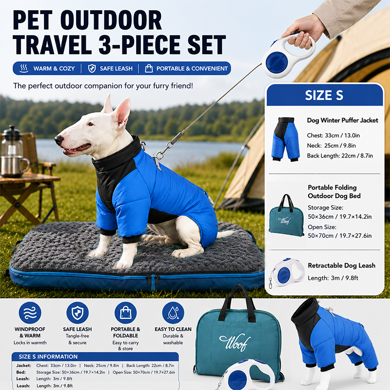 3-Piece Blue Winter Pet Outdoor Travel Set | Bed