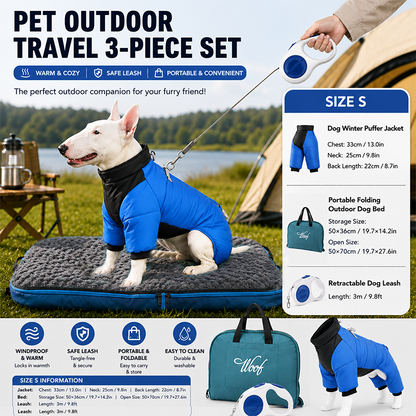 3-Piece Blue Winter Pet Outdoor Travel Set | Bed