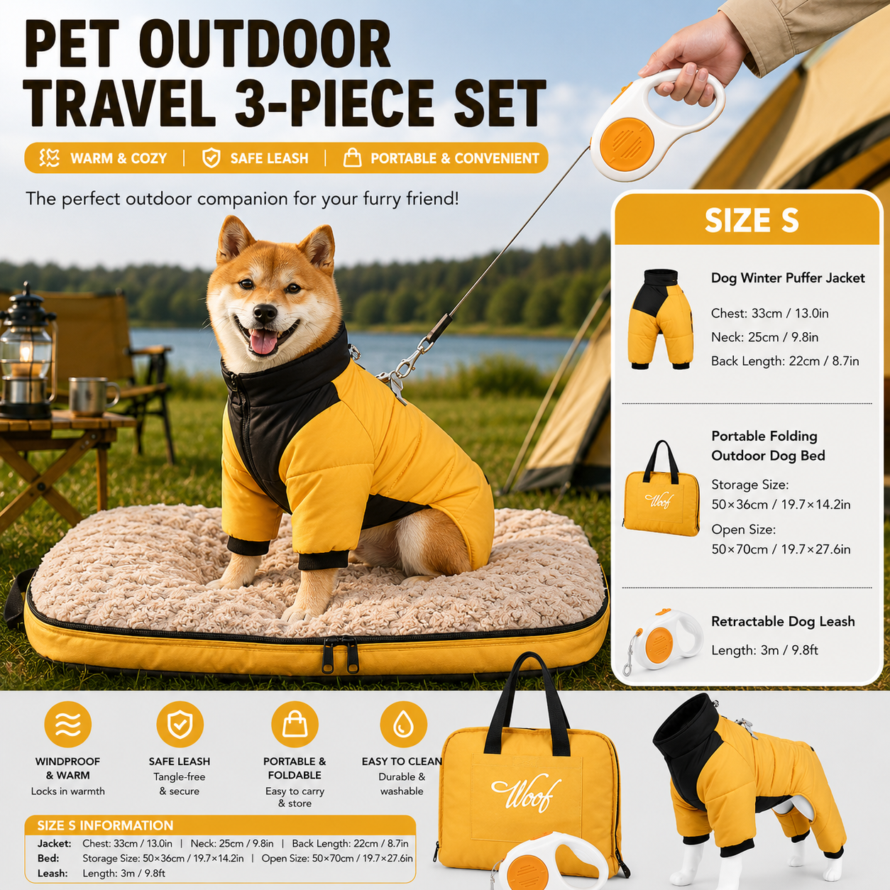 3-Piece Yellow Winter Pet Outdoor Travel Set | Bed