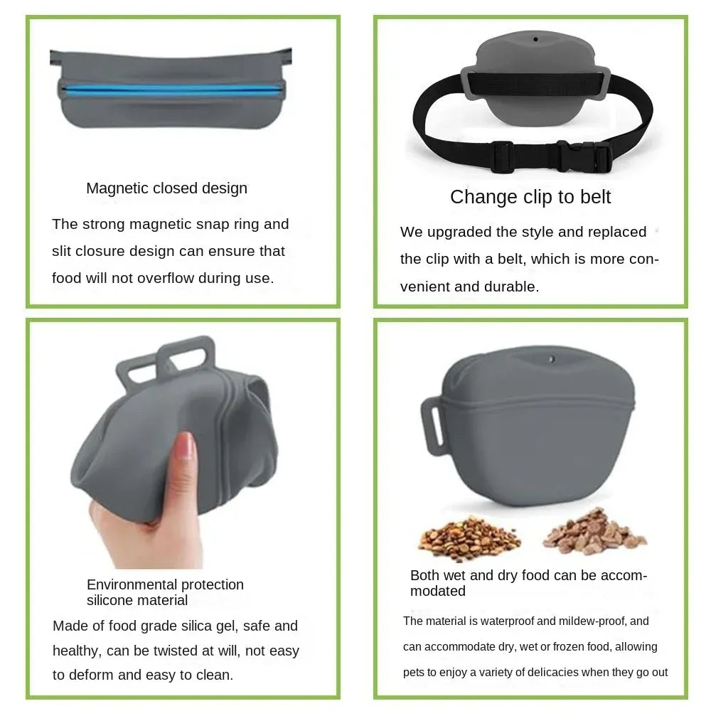 Black Silicone Dog Training Treat Pouch with Adjustable Waist Belt